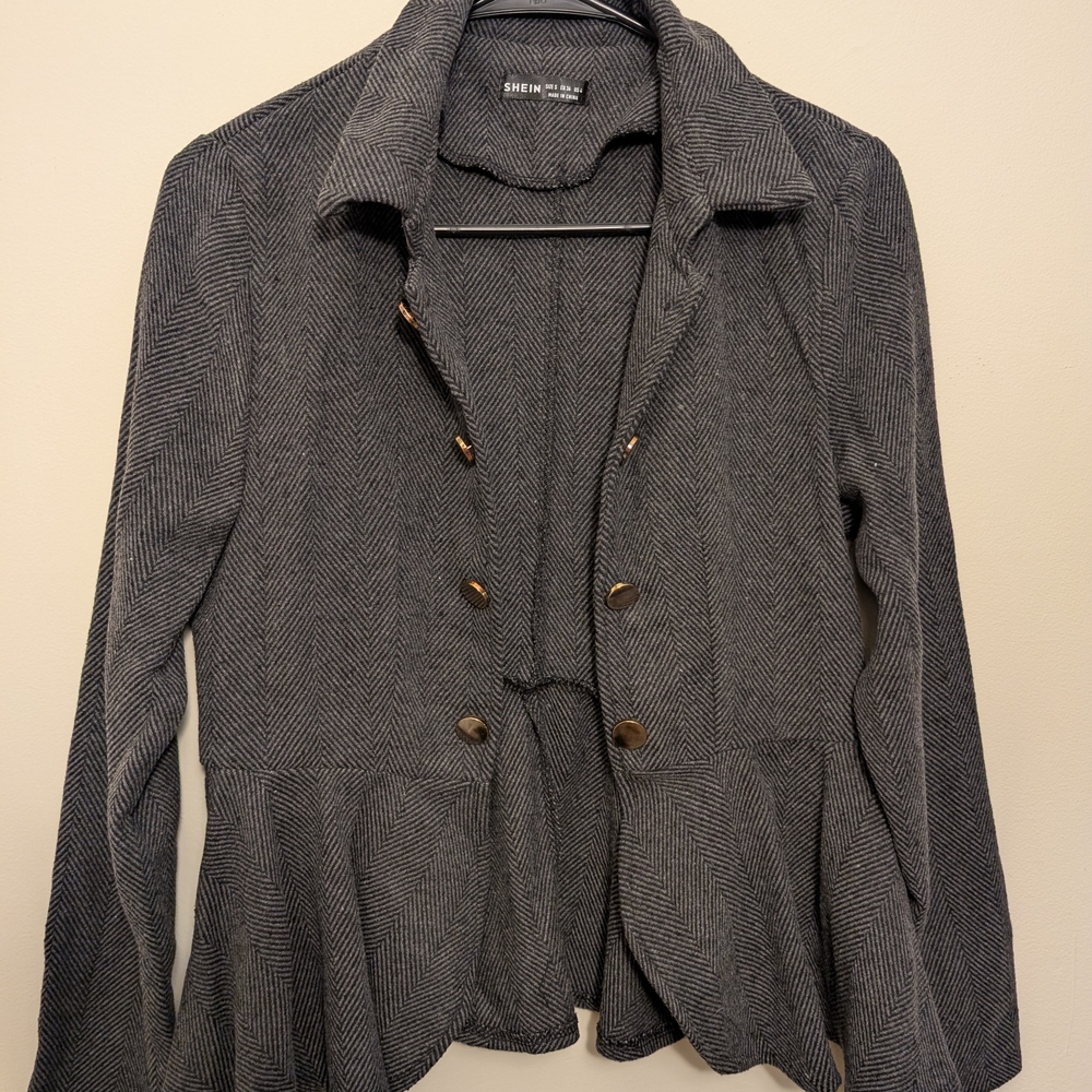 Shein Women's Gray Herringbone Peplum Hem Coat Jacket (Dark Gray)